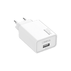 Vue détaillée du bloc de charge rapide ORYX 18W et de son port USB-A pour recharger un smartphone