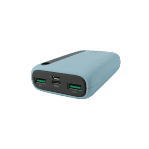 Détail des ports Type-C et USB-A du power bank slim ORYX NP-11N, mettant en valeur sa matière en caoutchouc.