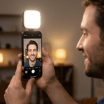 Gros plan sur la lumière vidéo smartphone avec son clip ajustable, idéale pour les visioconférences et appels vidéo clairs.