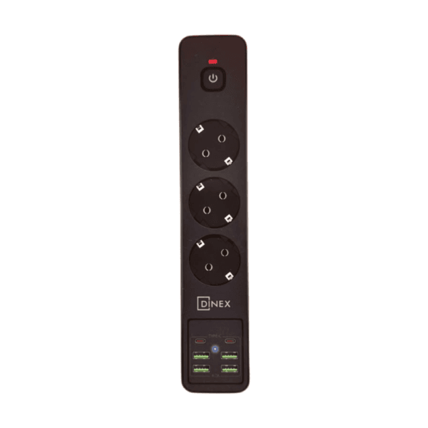 Multiprise smart DINEX 9820 noire avec 3 prises EU et 6 ports USB visible pour une utilisation polyvalente à la maison ou au bureau.