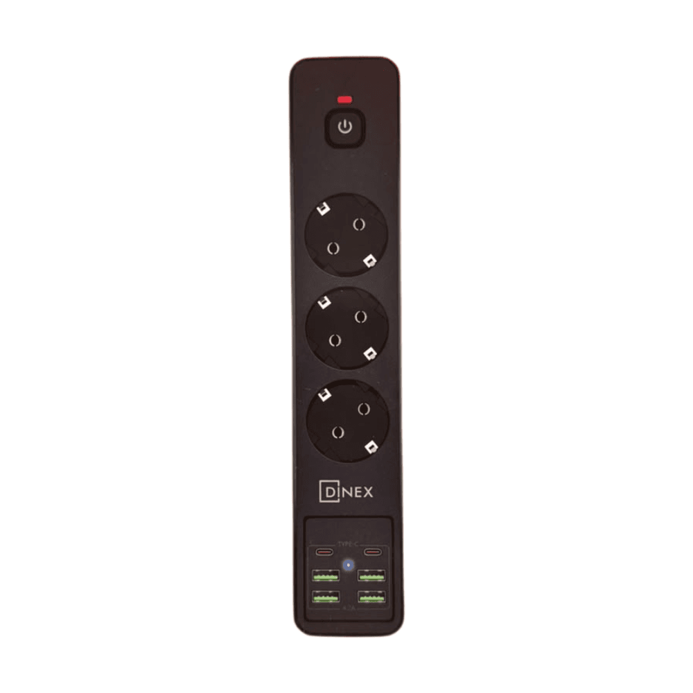 Multiprise Intelligente DINEX 9820 Minuteur 24h 6 Ports USB - vue 3 Multiprise smart DINEX 9820 noire avec 3 prises EU et 6 ports USB visible pour une utilisation polyvalente à la maison ou au bureau.