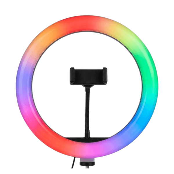 Ring Light RGB 30 cm LJJ-30 éclairant un visage pour une vidéo TikTok avec un support smartphone