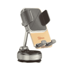 Image du support telephone voiture DINEX DN-31 fixé sur un tableau de bord, tenant un smartphone pour la navigation.