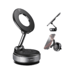 Support Voiture Magnétique WINSTAR WR-202 noir fixé sur un tableau de bord de voiture, tenant un iPhone compatible MagSafe en mode paysage.