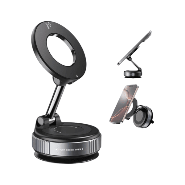 Support Voiture Magnétique WINSTAR WR-202 noir fixé sur un tableau de bord de voiture, tenant un iPhone compatible MagSafe en mode paysage.