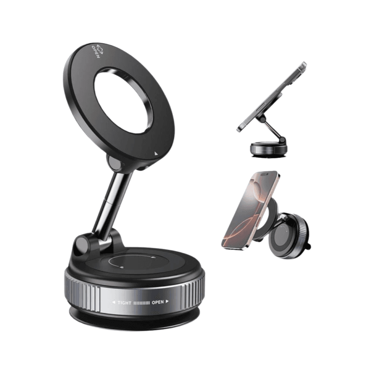 Support Voiture Magnétique WINSTAR WR-202 noir fixé sur un tableau de bord de voiture, tenant un iPhone compatible MagSafe en mode paysage.