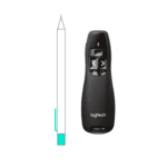 Presenter sans fil Logitech R400 montrant son récepteur USB compact et la portée de 15m.