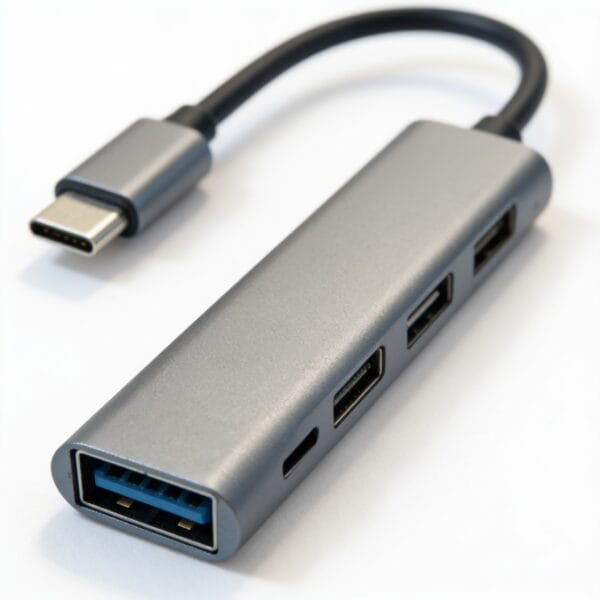 adaptateur usb type c vers usb a corps métallique aluminium brossé avec câble intégré USB-C mâle et ports USB-A et USB-C femelle, disponible sur BrefShop.ma