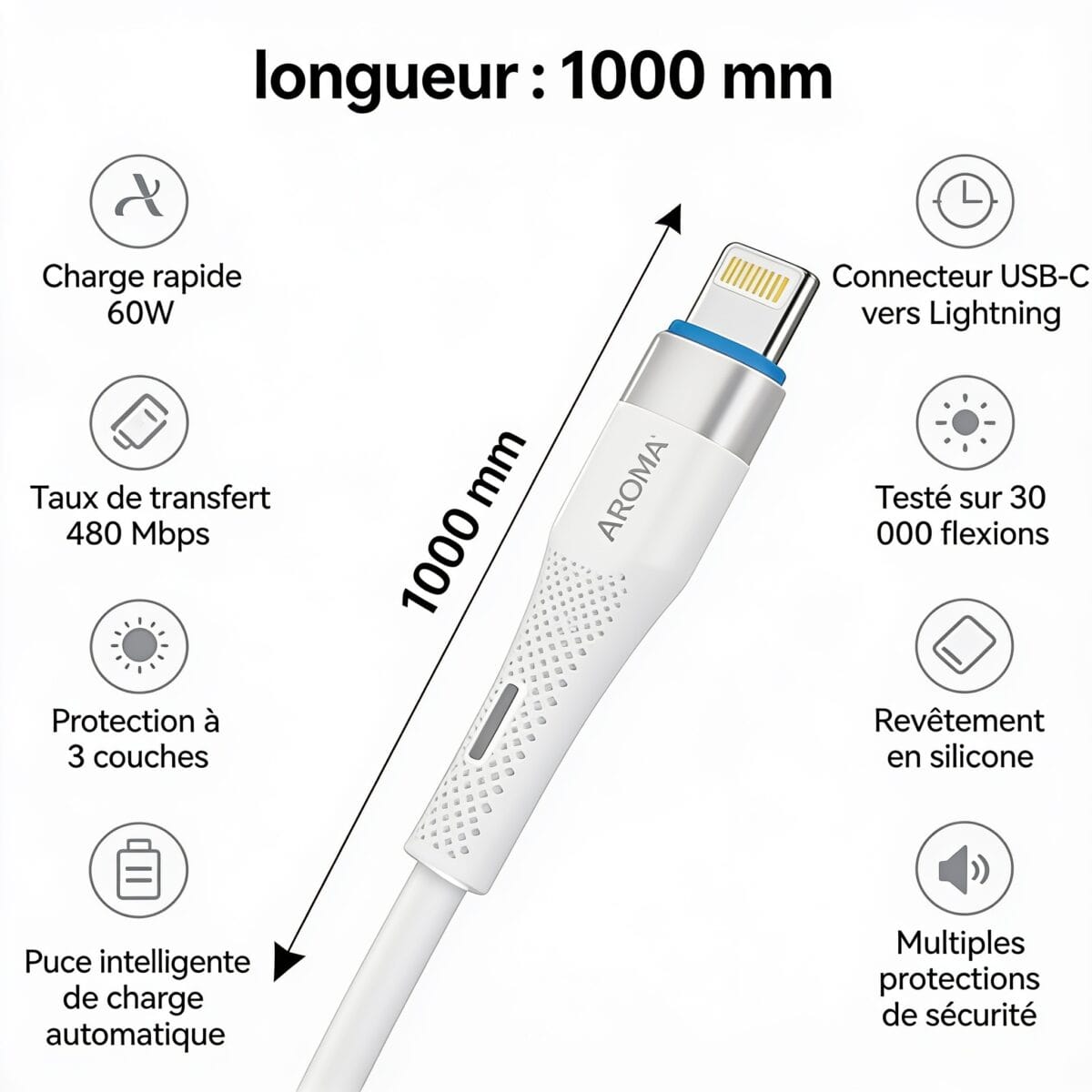 câble de charge iPhone synchronisation données Aroma AL-A03 USB-C Lightning charge rapide 60W taux de transfert 480 Mbps pour charger et synchroniser des appareils compatibles, disponible sur BrefShop.ma