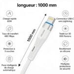 câble de charge iPhone synchronisation données Aroma AL-A03 USB-C Lightning charge rapide 60W taux de transfert 480 Mbps pour charger et synchroniser des appareils compatibles, disponible sur BrefShop.ma