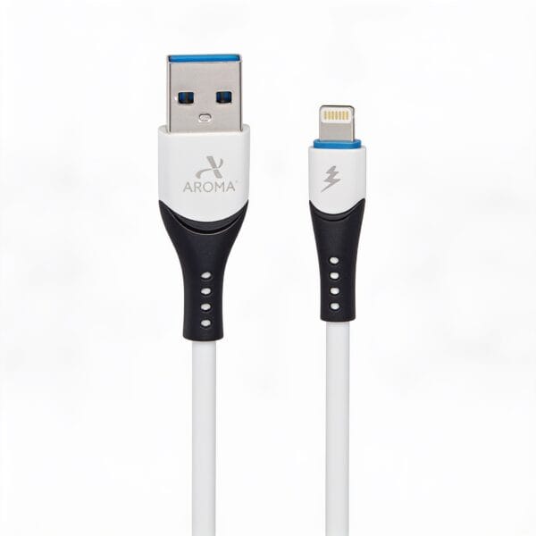 câble usb a vers lightning aroma avec connecteur USB-A mâle et connecteur Lightning mâle, longueur 1 m, pour charger et transférer des données sur iPhone, iPad et iPod, disponible sur BrefShop.ma