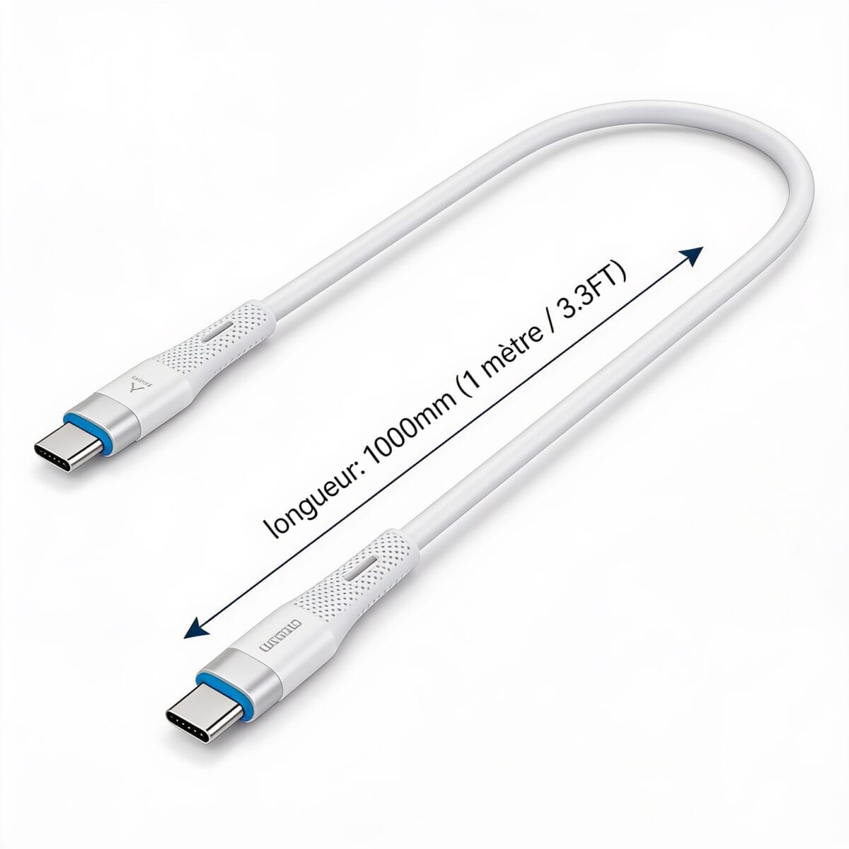 câble usb-c vers usb-c 60w de 1000 mm avec connecteurs USB-C vers USB-C, dimensions et mesures, disponible sur BrefShop.ma
