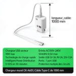 chargeur rapide usb-c 18w 18W max avec câble Type-C, dimensions du chargeur USB secteur, disponible sur BrefShop.ma