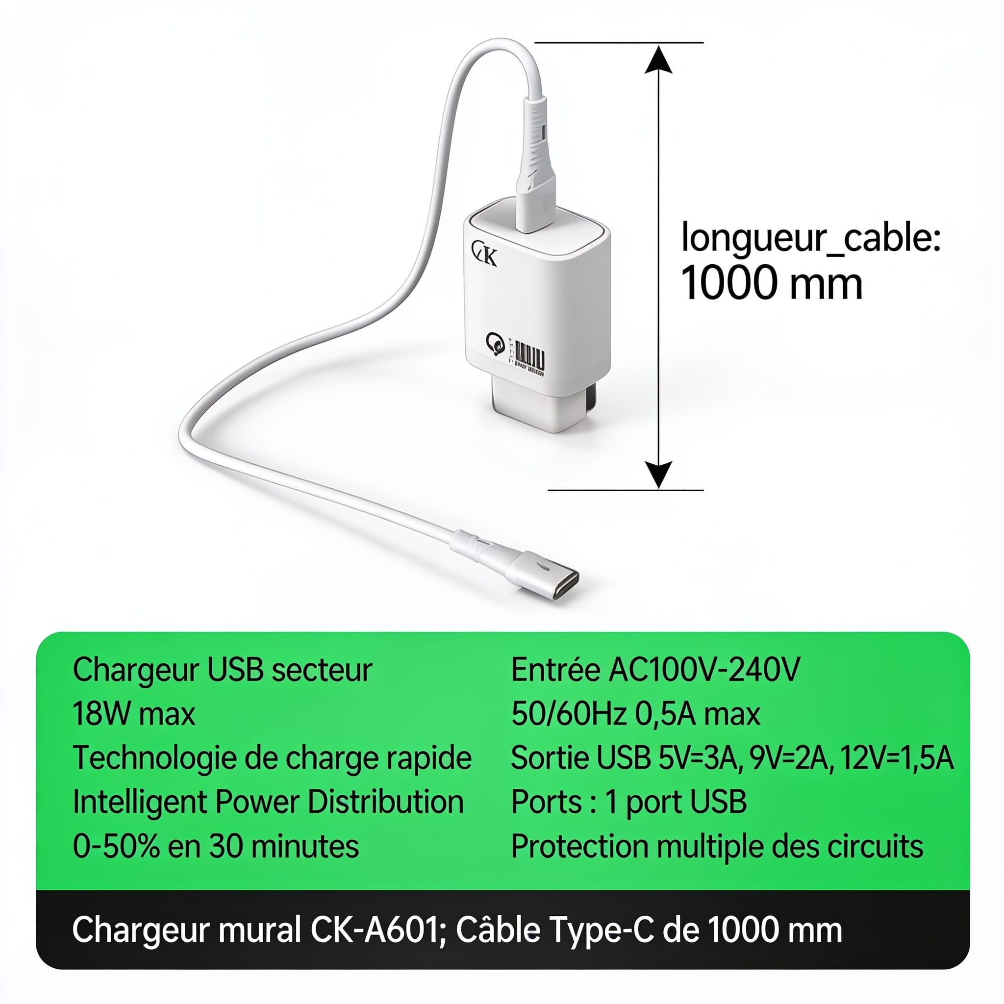 Mesures du chargeur 18W CIK CK-A601 chargeur rapide usb-c 18w dimensions du câble 1000 mm
