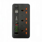 multiprise avec minuteur usb 3 prises universelles avec éclairage orange et 4 ports USB plus USB-C PD 20W, pour alimenter et contrôler des appareils à la maison ou au bureau, disponible sur BrefShop.ma