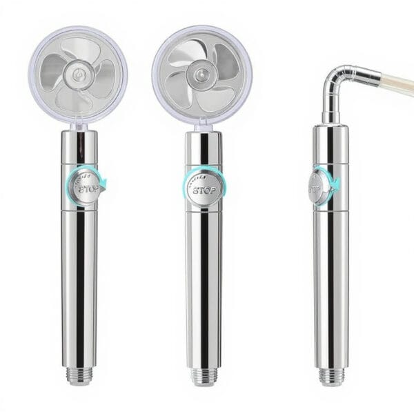 pommeau de douche avec ventilateur tête de douche équipée d'une hélice rotative visible sous un capot transparent, pour douche domestique, disponible sur BrefShop.ma