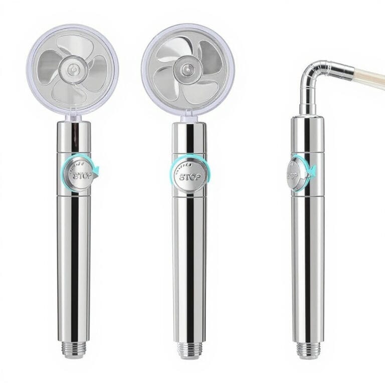 pommeau de douche avec ventilateur tête de douche équipée d'une hélice rotative visible sous un capot transparent, pour douche domestique, disponible sur BrefShop.ma