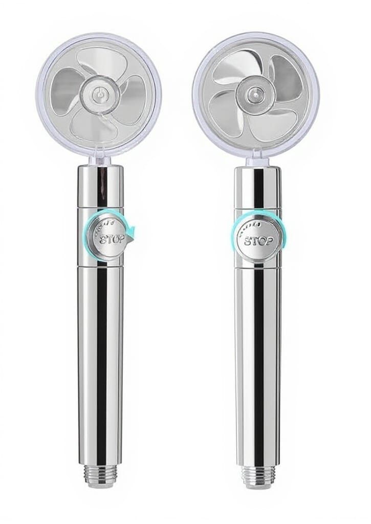 pommeau de douche avec ventilateur tête de douche équipée d'une hélice rotative visible sous un capot transparent, pour douche domestique, disponible sur BrefShop.ma