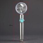 pommeau de douche avec ventilateur tête de douche avec hélice rotative sous capot transparent et bouton d'arrêt STOP, pour douche domestique, disponible sur BrefShop.ma