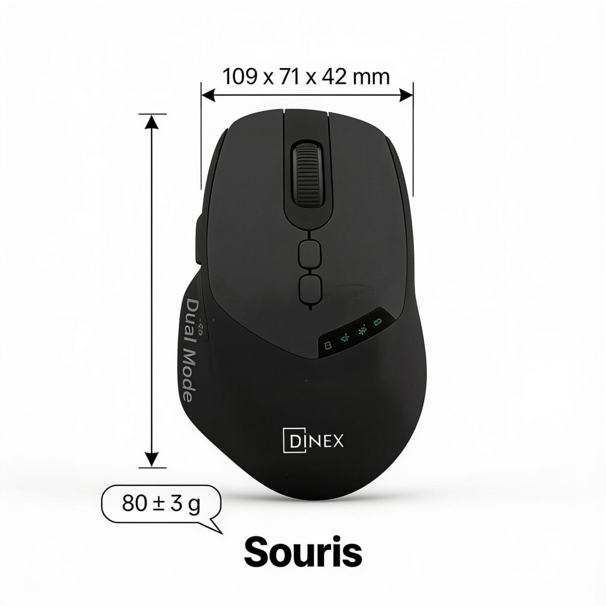souris wireless batterie intégrée double mode Bluetooth + 2.4G sans fil, dimensions et mesures, pour contrôle et navigation sur ordinateur, disponible sur BrefShop.ma