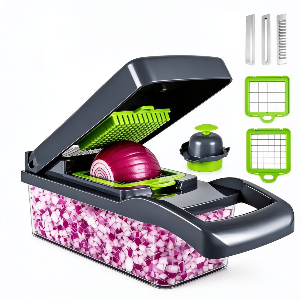 coupe-légumes multifonction presse à levier avec grille de découpe interchangeable pour découper, râper, trancher et hacher légumes et fruits, disponible sur BrefShop.ma