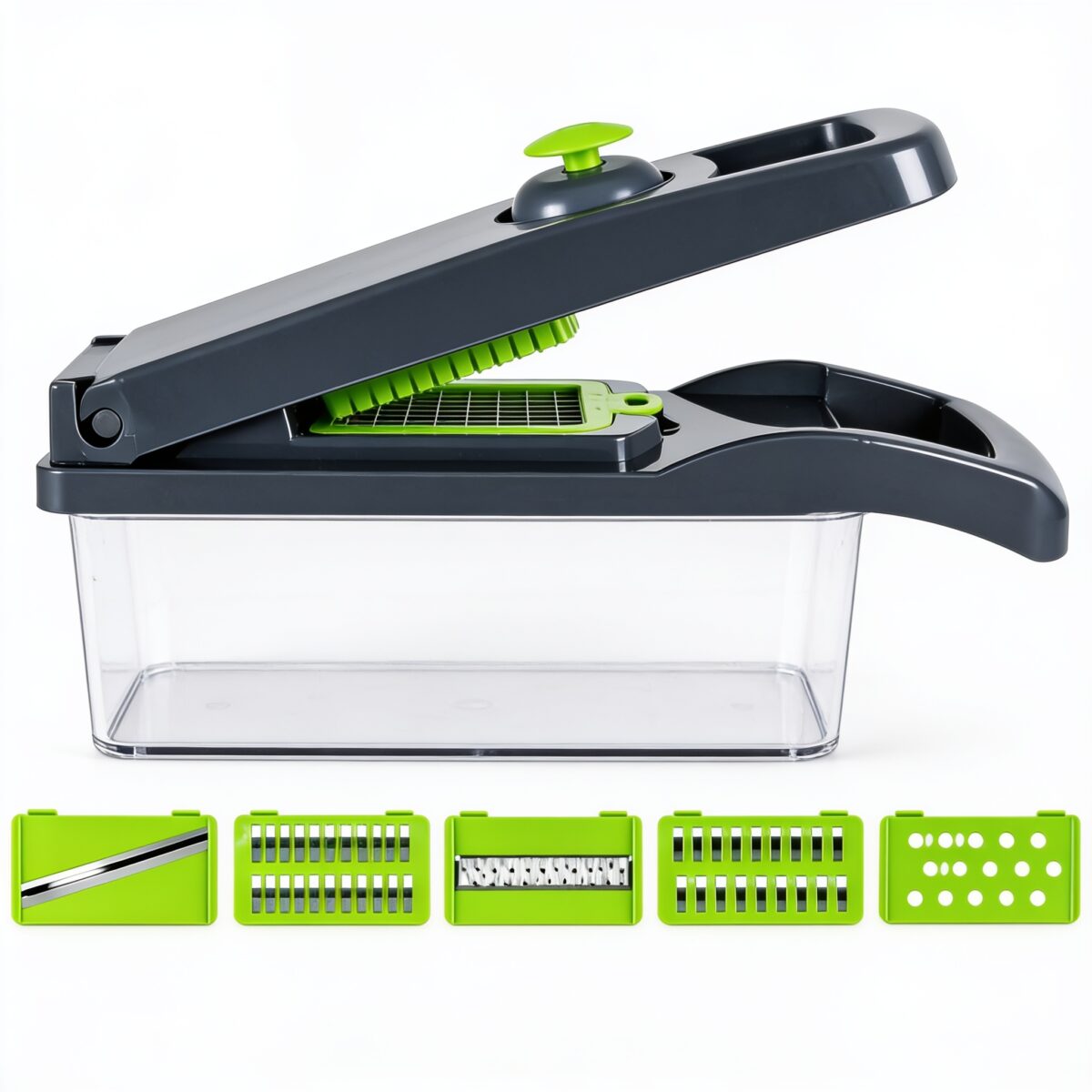 coupe-légumes multifonction lames interchangeables en acier inoxydable et bac collecteur transparent amovible pour découper, râper, trancher et hacher légumes et fruits, disponible sur BrefShop.ma
