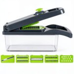 coupe-légumes multifonction lames interchangeables en acier inoxydable et bac collecteur transparent amovible pour découper, râper, trancher et hacher légumes et fruits, disponible sur BrefShop.ma
