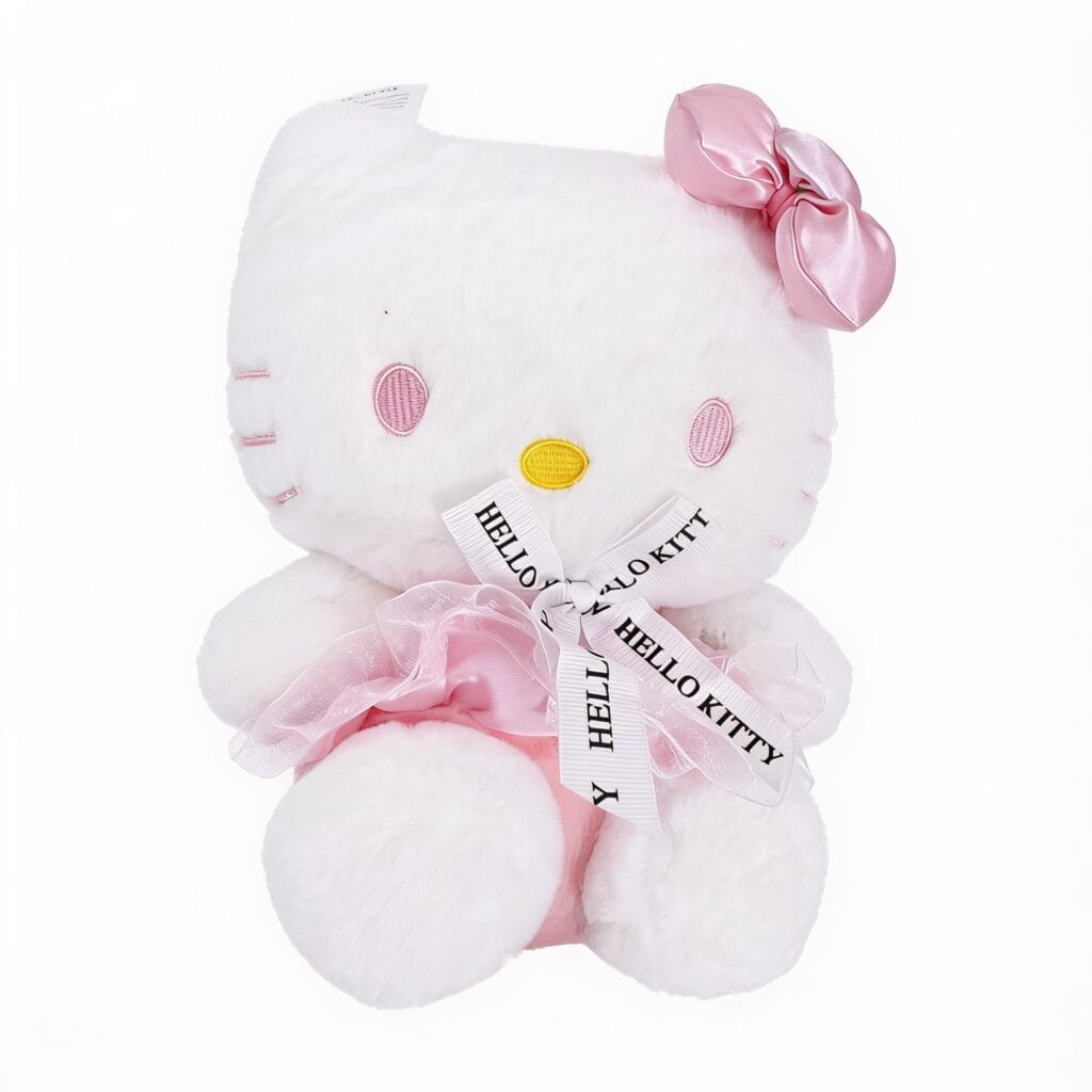 peluche hello kitty rose douce au toucher avec nœud rose en satin et ruban imprimé Hello Kitty, peluche décorative et jouet pour enfants, disponible sur BrefShop.ma