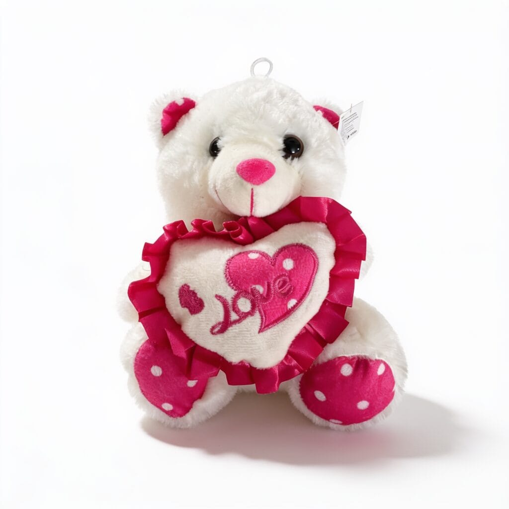 peluche nounours blanc en forme d'ours avec coussin cœur texte Love et volants rose à pois blancs, peluche décorative ou cadeau, disponible sur BrefShop.ma