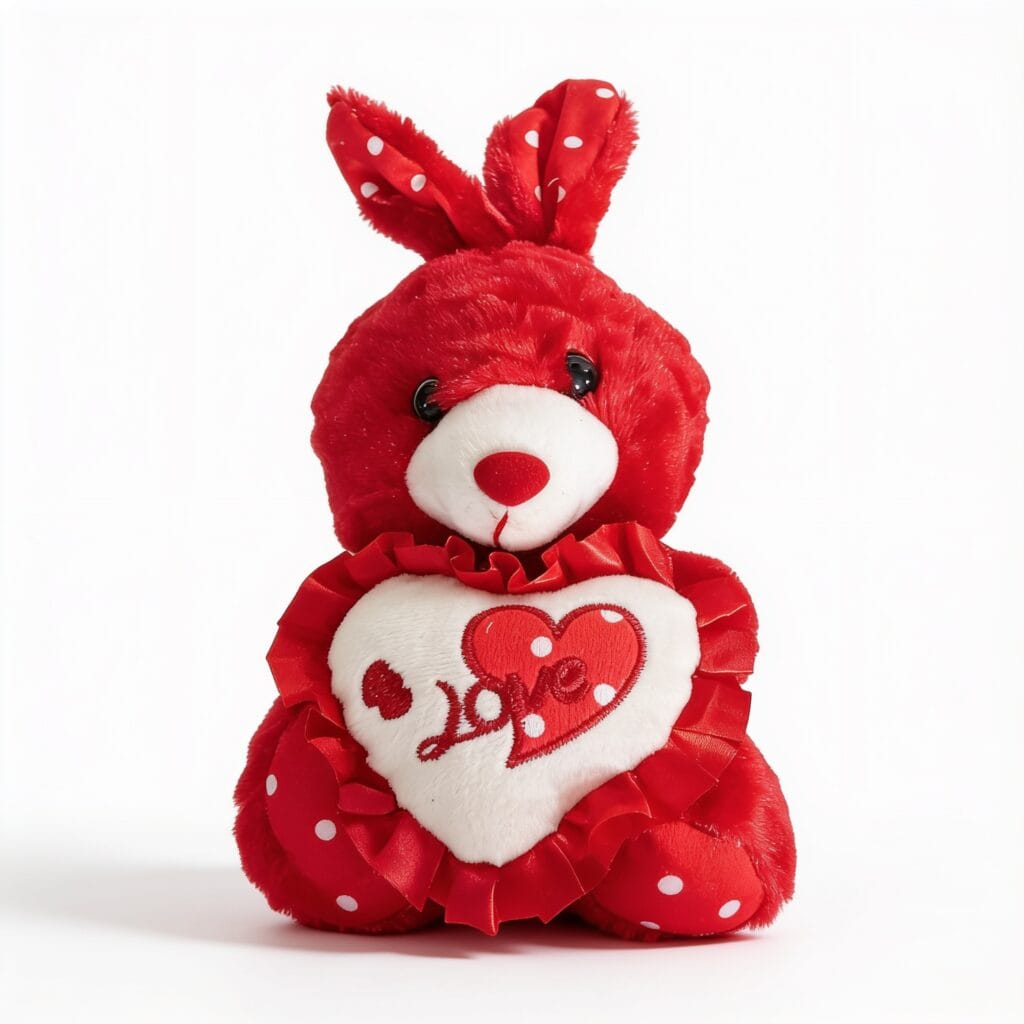peluche ours avec coeur en forme d'ours avec noeud à pois blancs et coeur blanc sur le ventre, cadeau affectif et décoration de chambre d'enfant, disponible sur BrefShop.ma