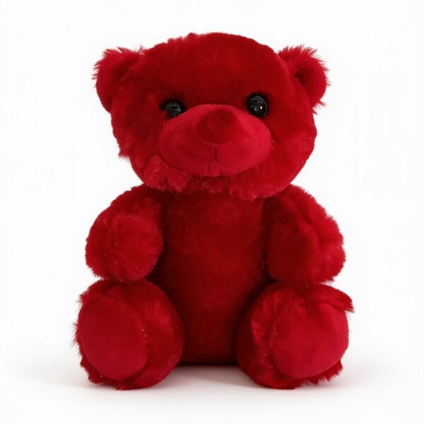 peluche ours rouge toute douce aux yeux noirs brillants et nez brodé, pour décoration ou cadeau, disponible sur BrefShop.ma