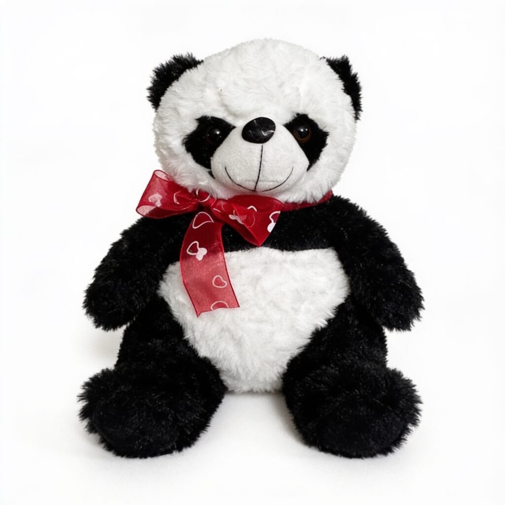 peluche panda en forme de panda avec nœud rouge motifs de cœurs et yeux et nez noirs, peluche décorative et affective, disponible sur BrefShop.ma