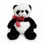 peluche panda en forme de panda avec nœud rouge motifs de cœurs et yeux et nez noirs, peluche décorative et affective, disponible sur BrefShop.ma