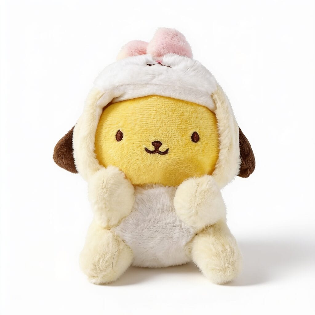 peluche pompompurin chien jaune avec bonnet blanc, visage jaune avec yeux et nez brodés et oreilles brunes, jouet décoratif pour enfant, disponible sur BrefShop.ma