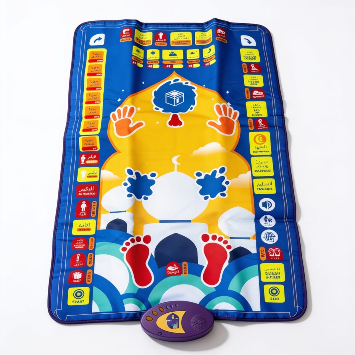 tapis prière bébé éducatif présenté en RGB toutes couleurs, avec touches tactiles actives, 6 couches de tissu ultra doux et 7 langues parlantes, disponible sur BrefShop.ma
