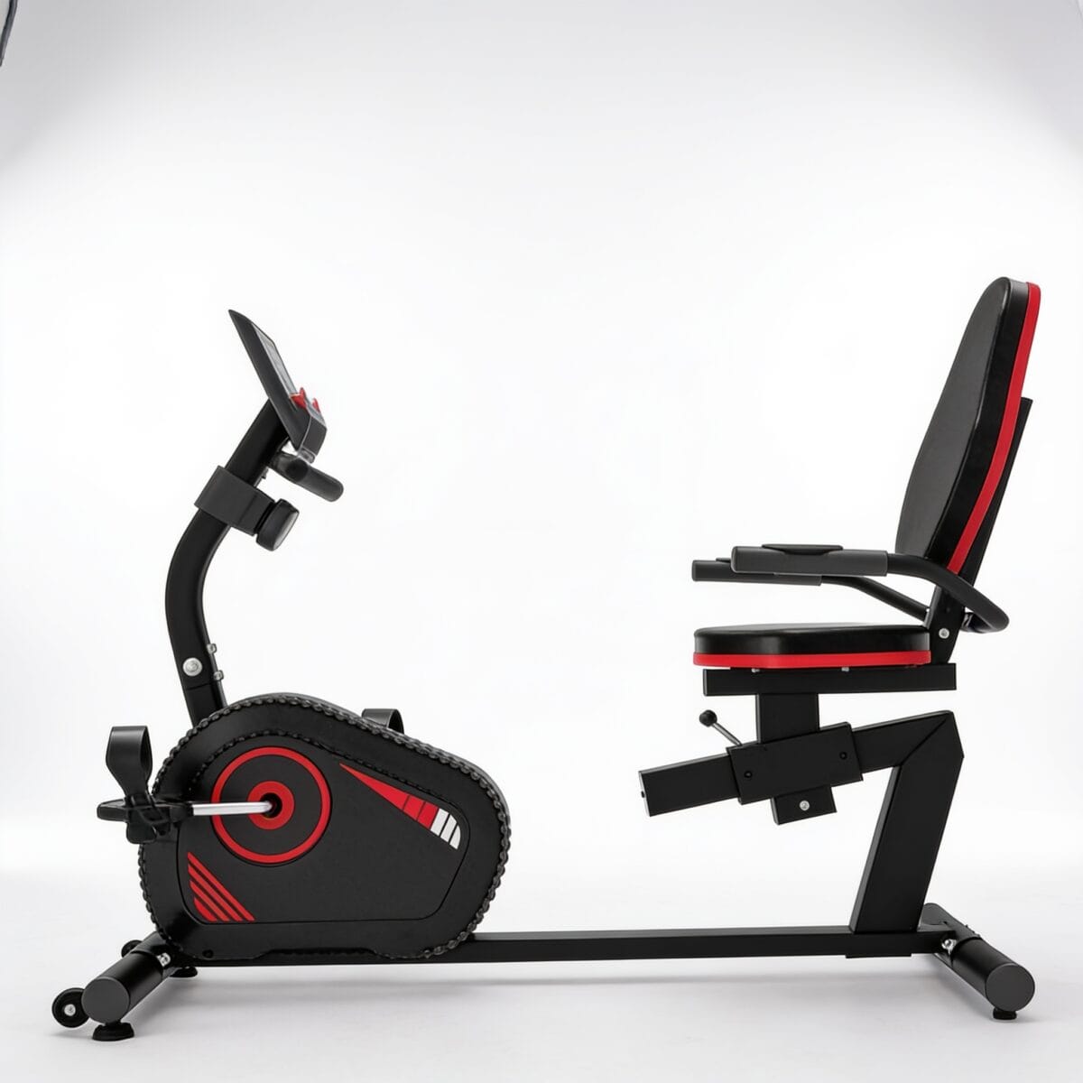vélo appartement semi-allongé avec guidons à poignées et pédales avec cale-pieds pour exercice cardiovasculaire à domicile, disponible sur BrefShop.ma